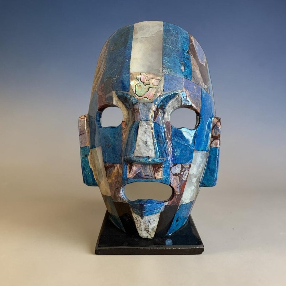 Vintage Mexican Stone Mosaic Mask Lapis Lazuli Abalone Aztec Mayan Folk Art 8in